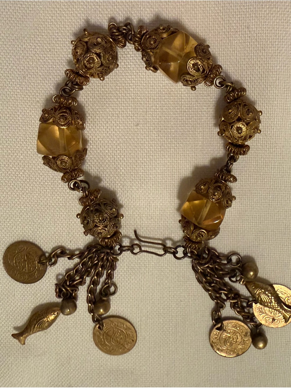 Vintage Beaded Coin Charm Bracelet